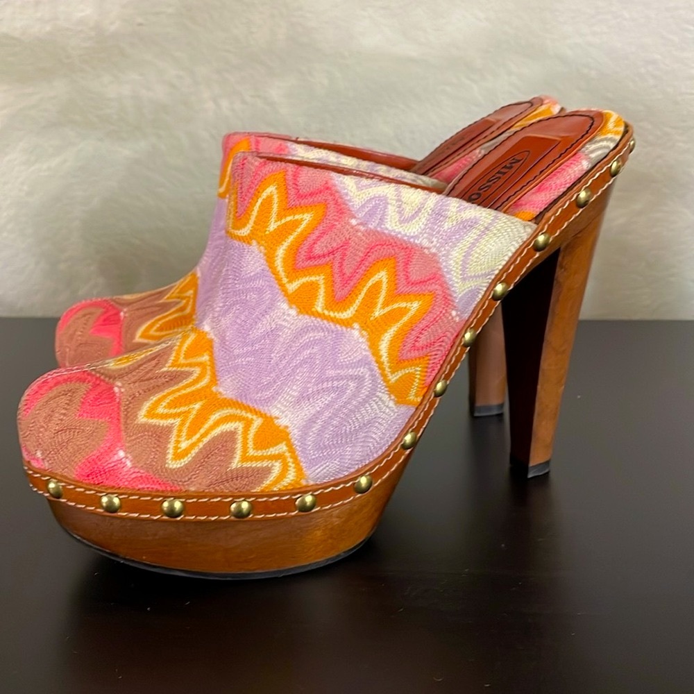 MISSONI Flame Wave Dress Knit Stud Slip On Leather Platform Heel Mule Clogs 36